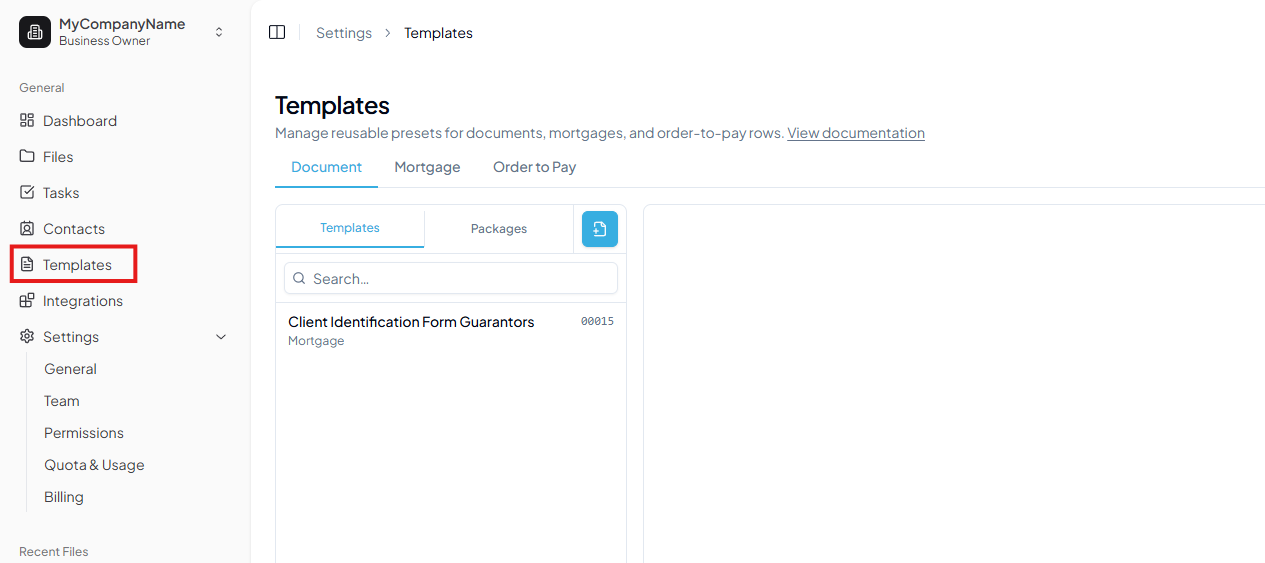 Templates page showing the Document tab, Global Default Mappings row, and Add Template button