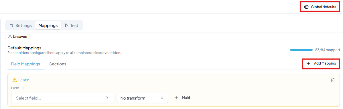 Global Default Mappings Mappings tab with a date placeholder row added and Select field picker open