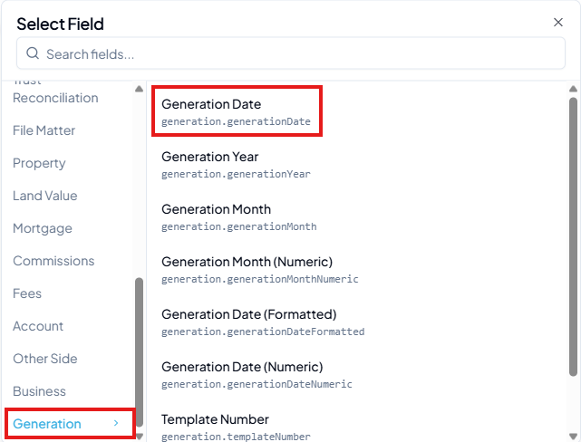 Select Field picker with Generation category selected and Generation Date highlighted