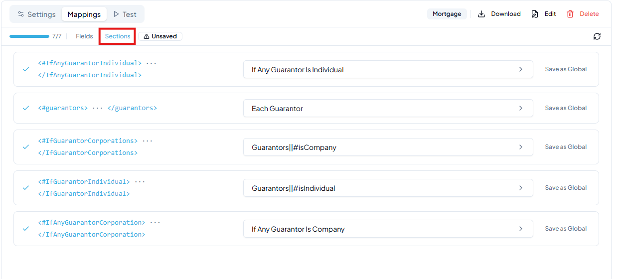 Sections tab showing all five section placeholders mapped with the Save button highlighted