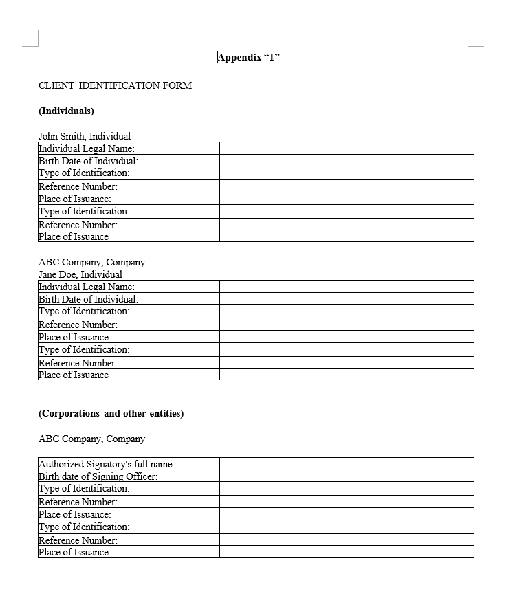 Generated Client Identification Form showing John Smith and Jane Doe in the Individuals section and ABC Company in the Corporations section