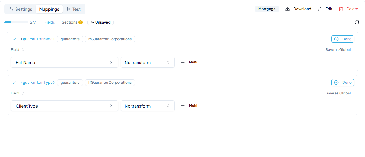 Field Mappings panel showing guarantorName mapped to Full Name and guarantorType mapped to Client Type