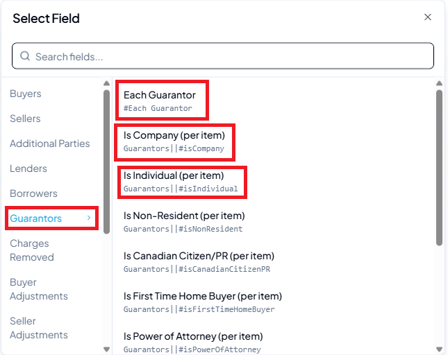 Select Field picker for sections showing Each Guarantor, Is Company (per item), and Is Individual (per item) options