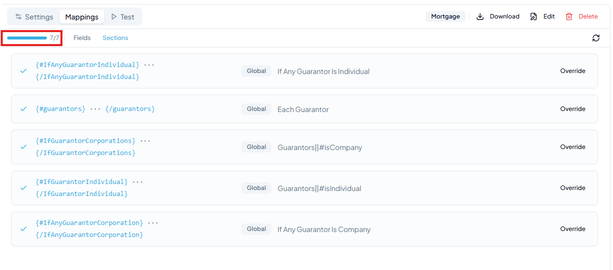 Sections tab fully configured: guarantors mapped to Each Guarantor, IfGuarantorCorporations to Is Company, IfGuarantorIndividual to Is Individual