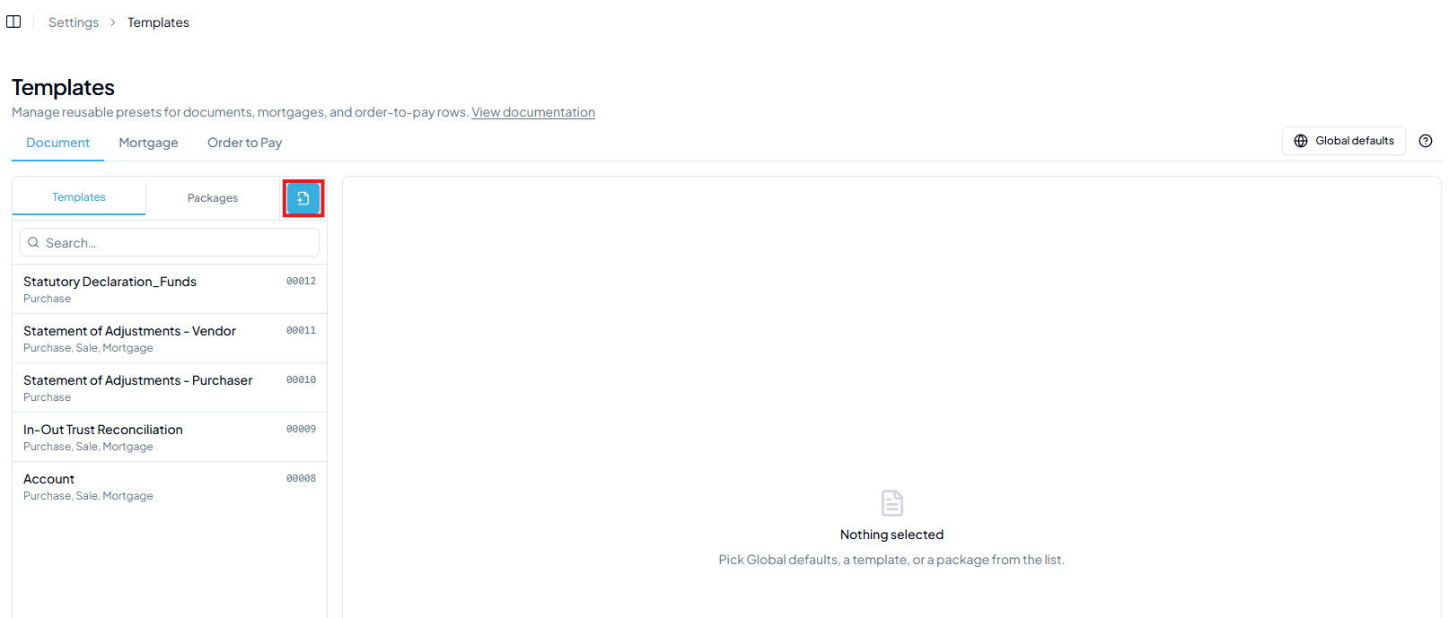 Templates page with the Add Template button highlighted