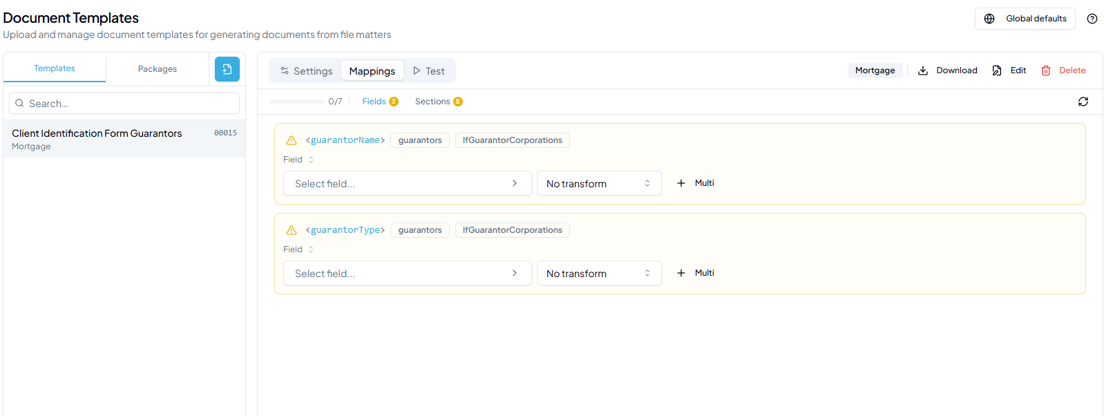 Field Mappings panel with unmapped placeholders highlighted in yellow