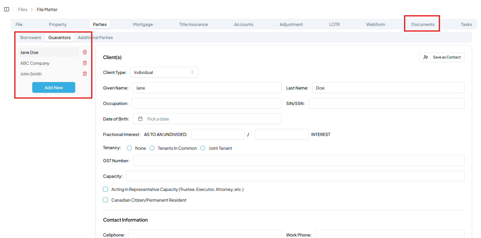 File matter Parties tab showing three guarantors added, with the Documents tab highlighted in the navigation