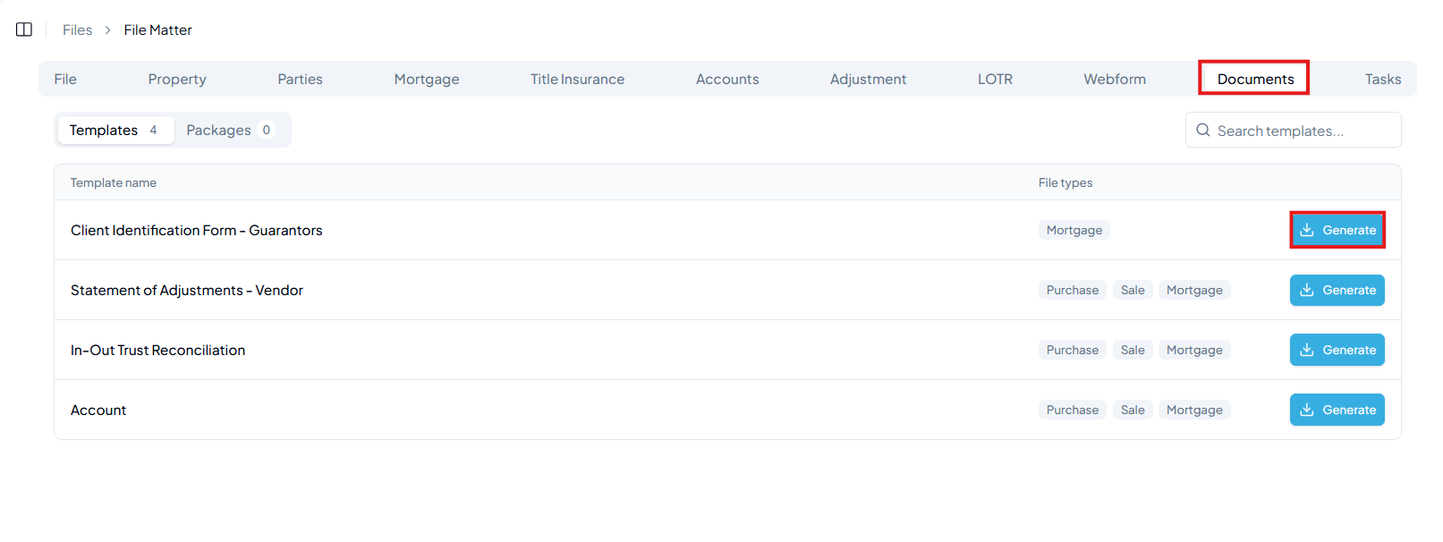 Documents tab showing the template row with a Generate button highlighted