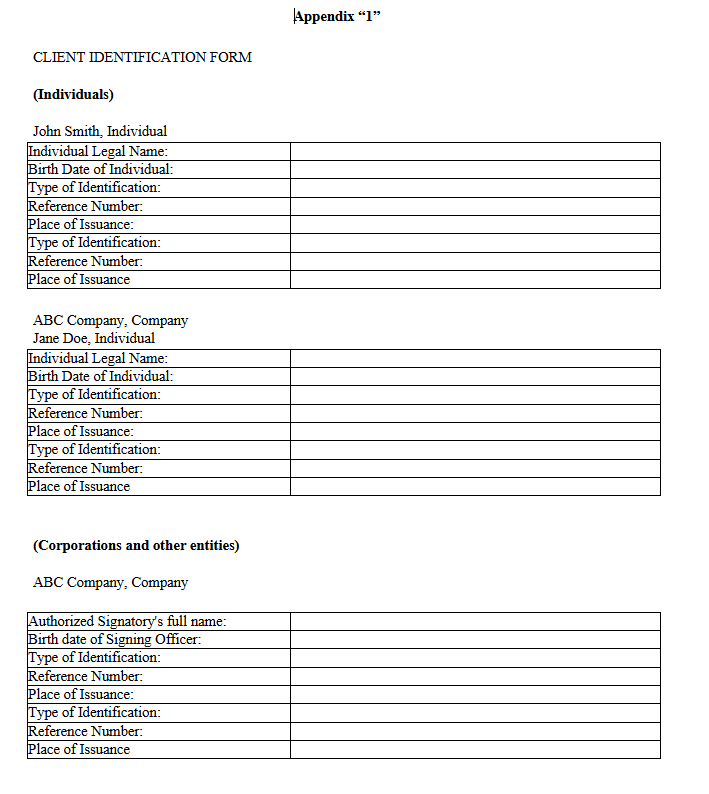 Generated Client Identification Form: Individuals section lists all three guarantors, Corporations section shows only ABC Company