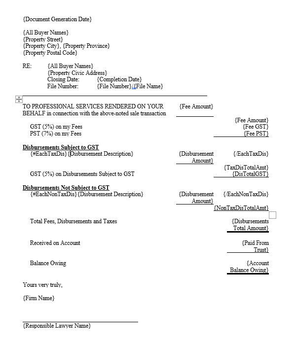 Account_TL template showing the full document layout with loop placeholders for disbursements