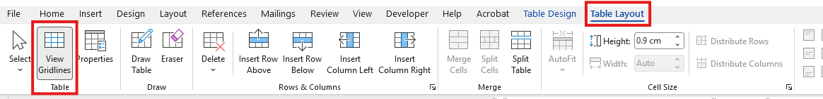 Word ribbon with Table Layout tab open and View Gridlines button highlighted
