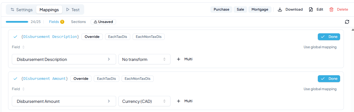 Sections tab showing EachTaxDis mapped to Each Taxable Disbursement and EachNonTaxDis mapped to Each Non-Taxable Disbursement