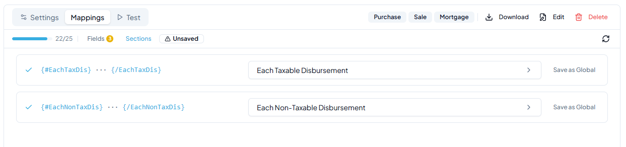Field Mappings tab showing Disbursement Description and Disbursement Amount mapped, both tagged as belonging to EachTaxDis and EachNonTaxDis