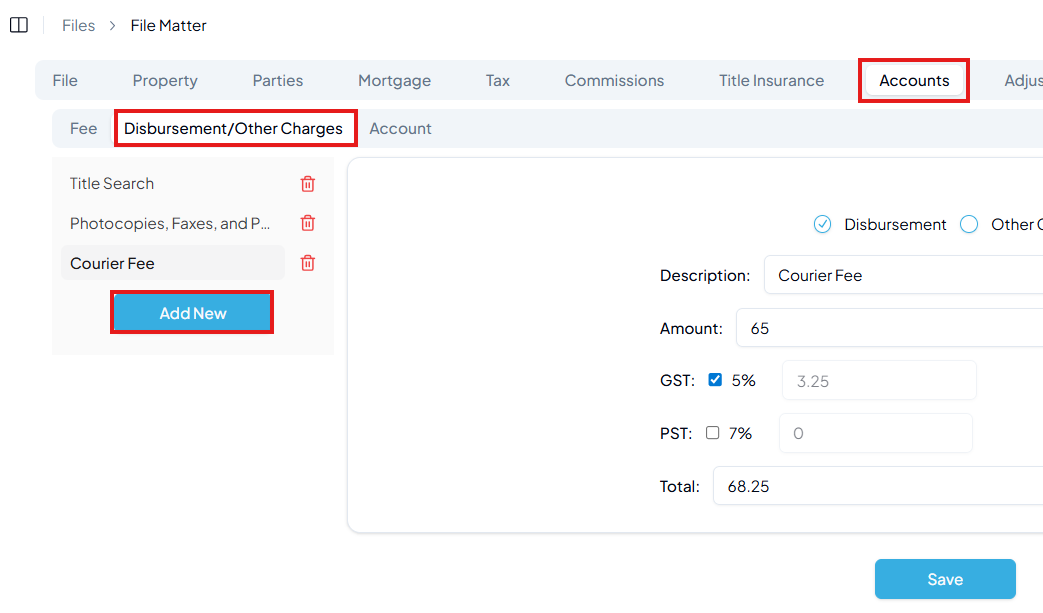 File matter Accounts tab with Disbursement/Other Charges sub-tab open and three disbursements listed