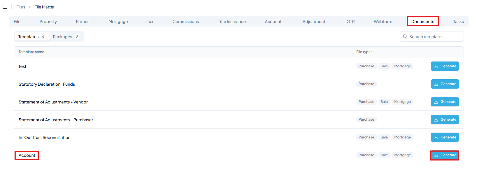 Documents tab showing the Account_TL - shortened template with Generate button highlighted