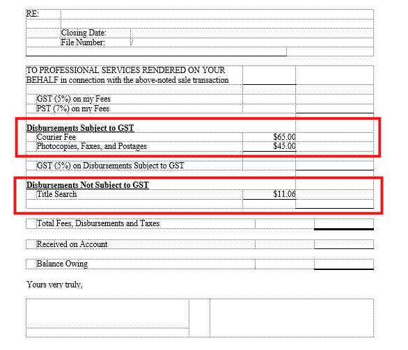 Generated Account Statement showing Courier Fee and Photocopies under Disbursements Subject to GST, and Title Search under Disbursements Not Subject to GST