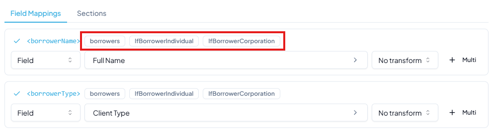 Field Mappings panel showing borrowerName row with section tags: borrowers, IfBorrowerIndividual, IfBorrowerCorporation highlighted