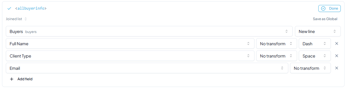 Joined list mapping row with Buyers array selected, item fields Full Name (dash), Client Type (space), and Email configured, with New line as the item separator