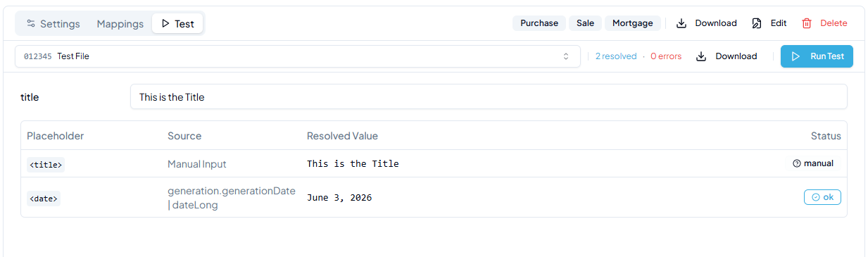 Test tab showing a manual input text field for the title placeholder with the typed value resolved in the results table