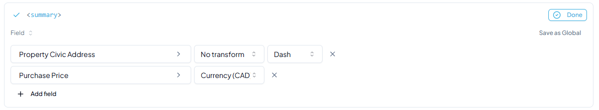 Multiple fields mapping row combining Property Civic Address (dash separator) and Purchase Price (Currency CAD transform)