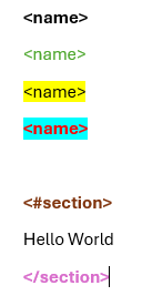 Word document showing the name placeholder in four styles: plain, green italic, yellow highlight, and red bold