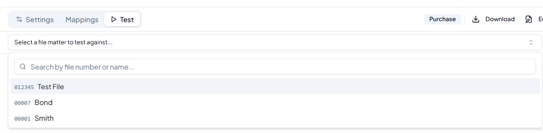 Test tab with the File Matter dropdown open showing a list of file matters to search and select