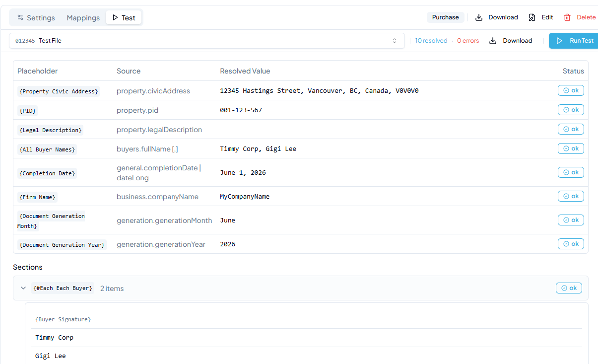 Test results showing 10 resolved and 0 errors, with a table of placeholders, their source paths, resolved values, and ok status badges